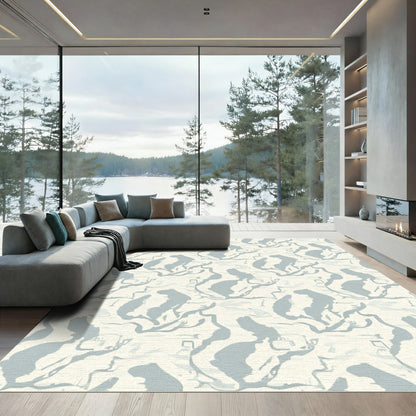 Cream Blue Abstract Organic Branch Rug