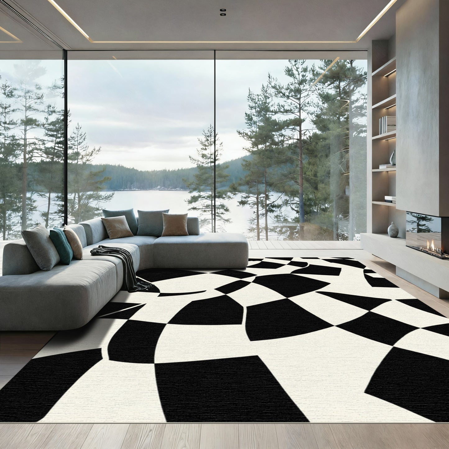 Black White Warp Checkered Abstract Layout Rug