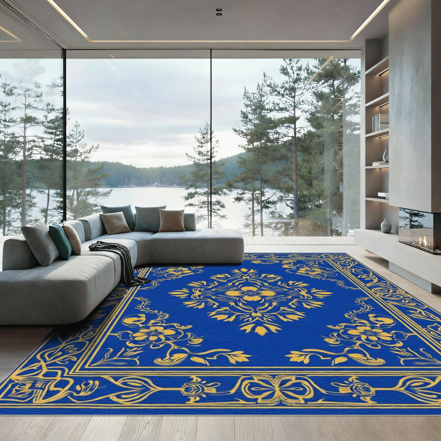 Royal Blue Golden Floral Art Rug
