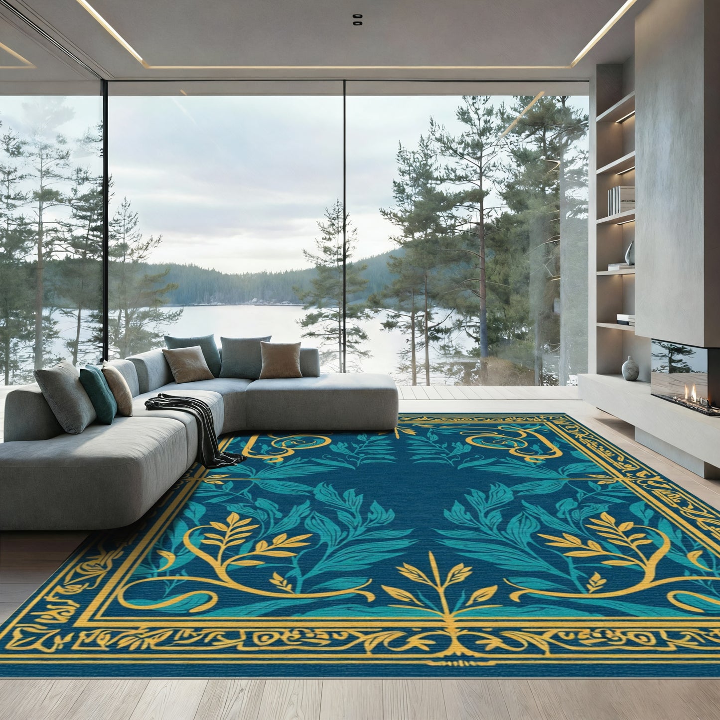 Deep Teal Yellow Floral Art Nouveau Rug
