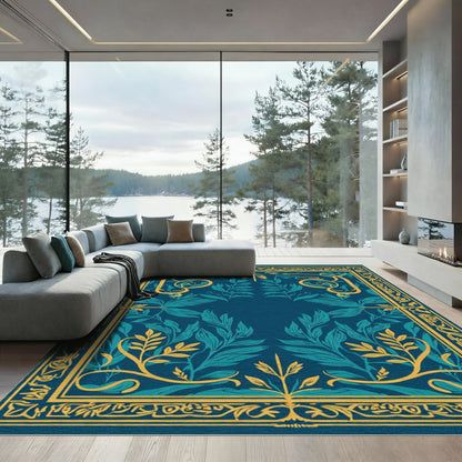 Deep Teal Yellow Floral Art Nouveau Rug