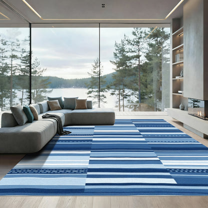Deep Blue Horizontal Stripe Collage Rug