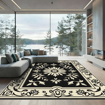 Cream Black Floral Medallion Border Rug