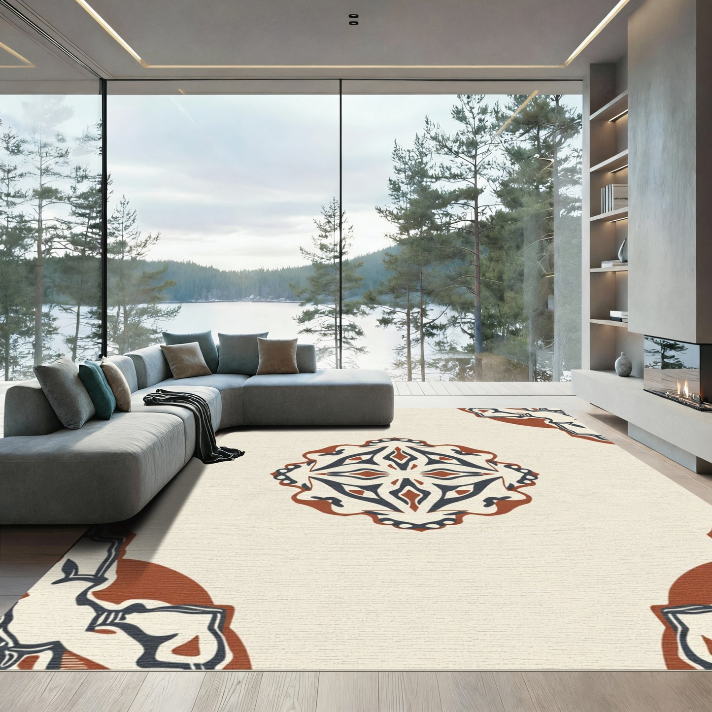 Earthy Terracotta Blue Mandala Rug
