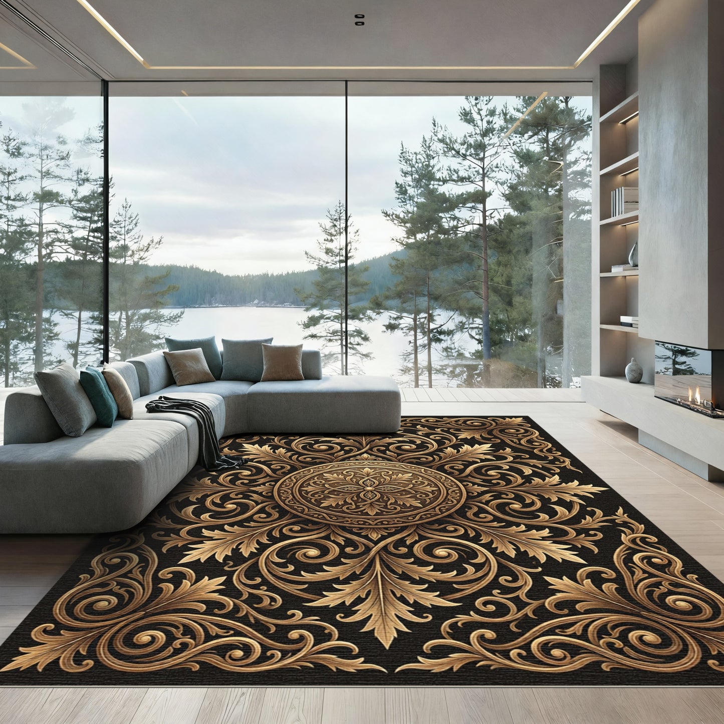 Golden Ornate Floral Swirls Rug