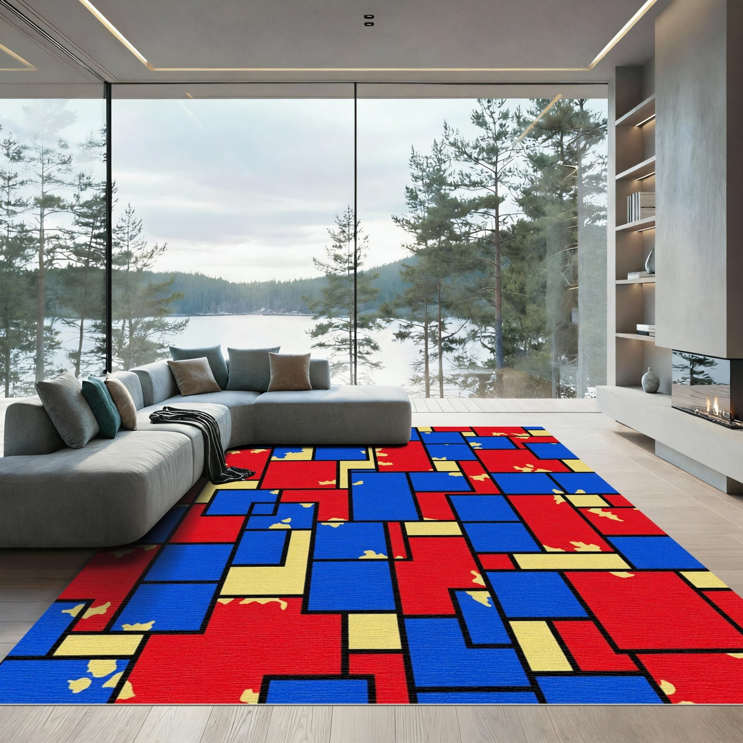 Geometric Red Blue Yellow Composition Rug