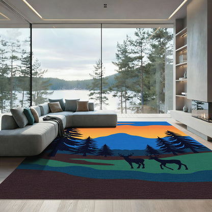 Sunset Forest Deer Landscape Rug