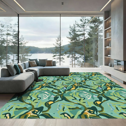 Abstract Green Swirl Foliage Rug
