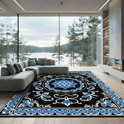 Vibrant Blue Floral Medallion Black Rug