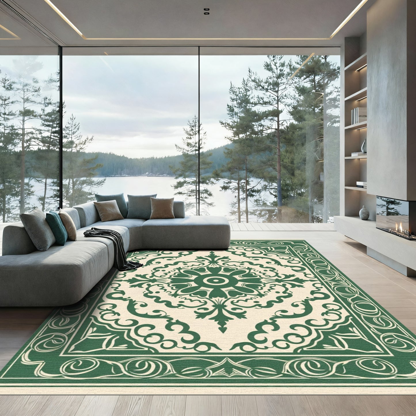 Deep Green Ivory Floral Medallion Rug
