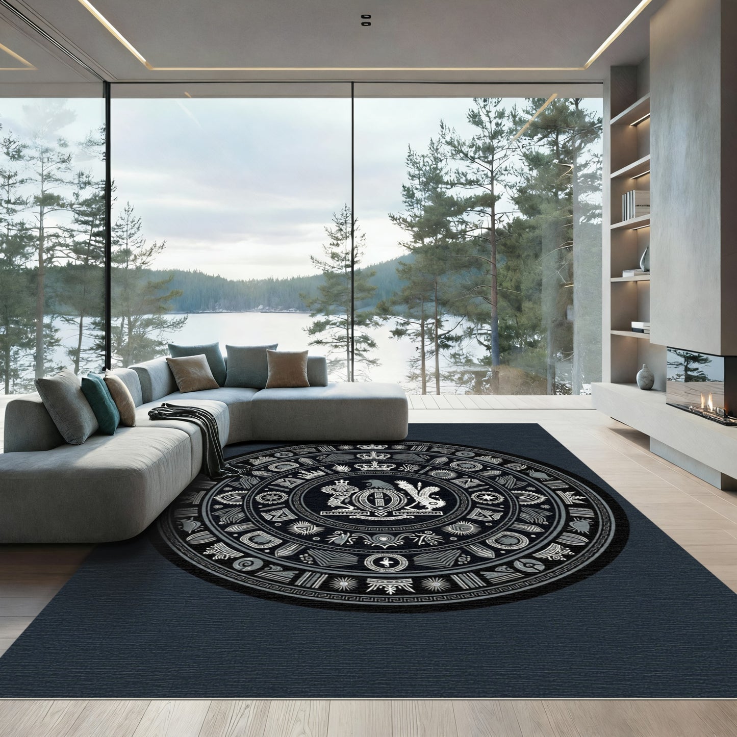 Monochromatic Circular Emblem Tribal Medallion Rug