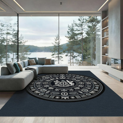 Monochromatic Circular Emblem Tribal Medallion Rug