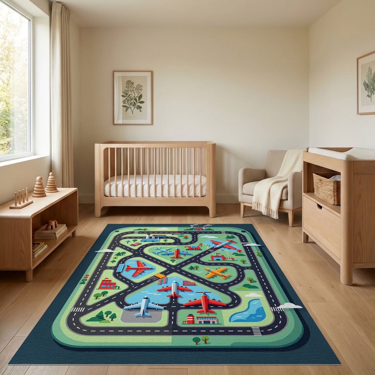 Playful Green Airplanes Roads City Rug