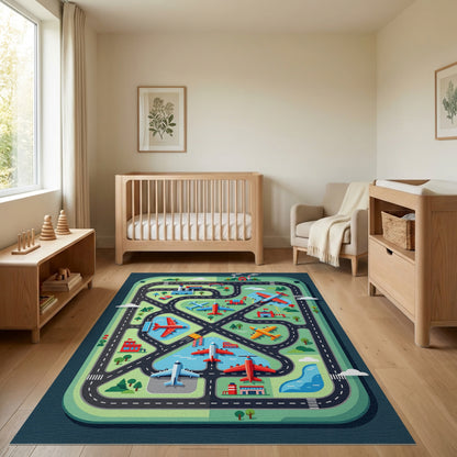 Playful Green Airplanes Roads City Rug