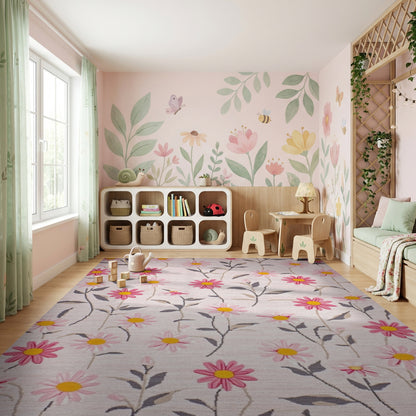 Whimsical Blush Pink Daisy Stem Rug