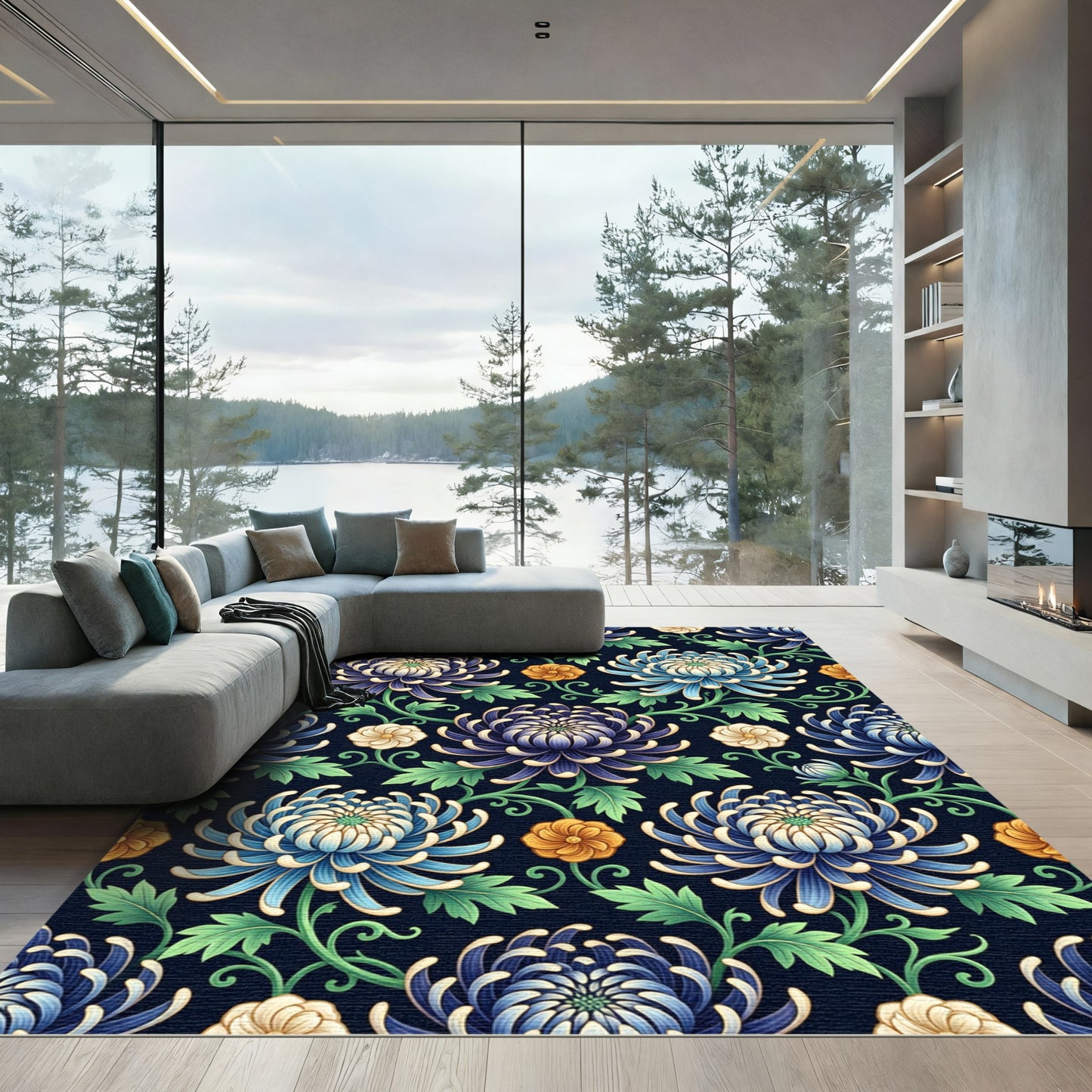 Crimson Blue Chrysanthemum Floral Vine Rug