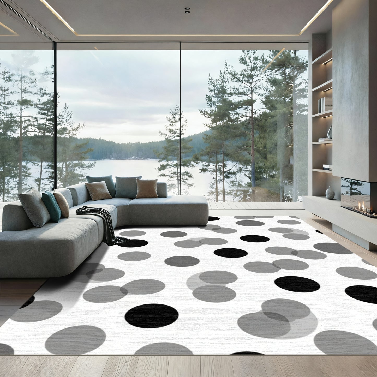 Monochrome Scattered Circles Composition Rug