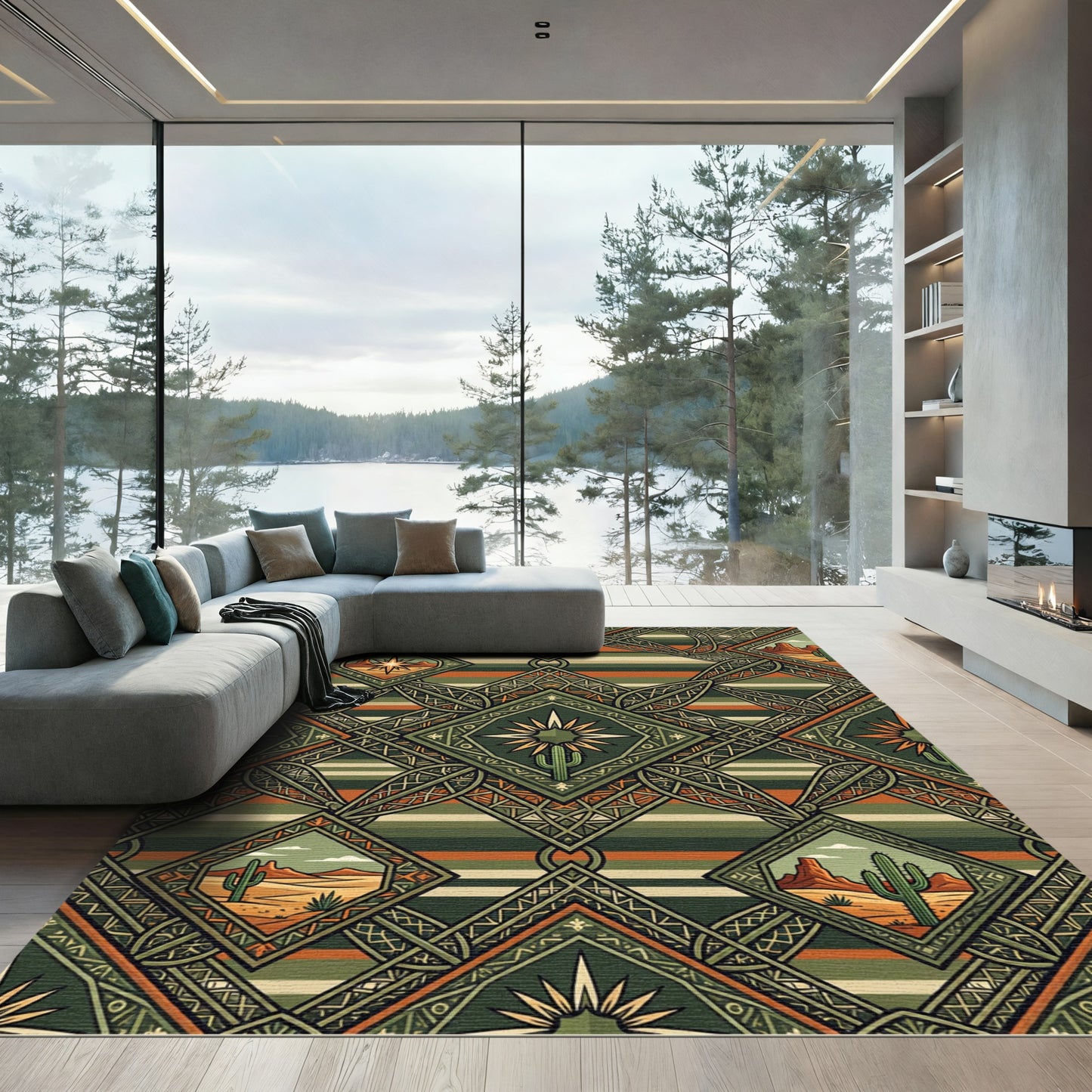 Earthy Southwestern Geometric Cactus Desert Landscape Rug