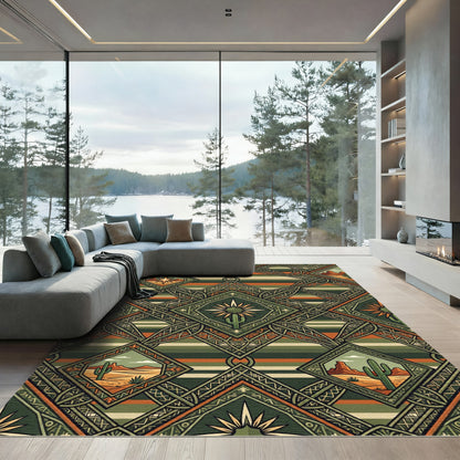Earthy Southwestern Geometric Cactus Desert Landscape Rug