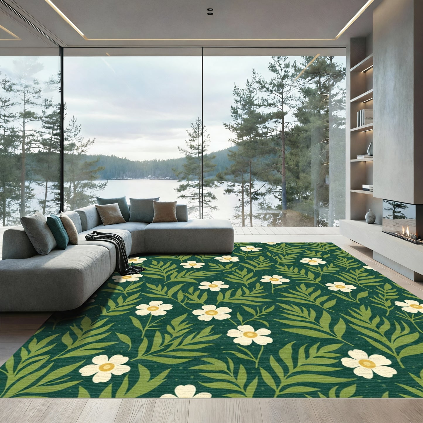 Green White Floral Botanical Garden Rug