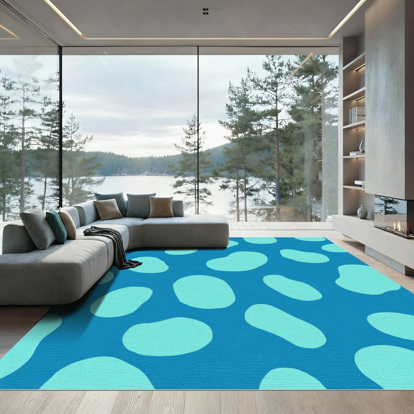 Teal Irregular Shapes on Blue Rug