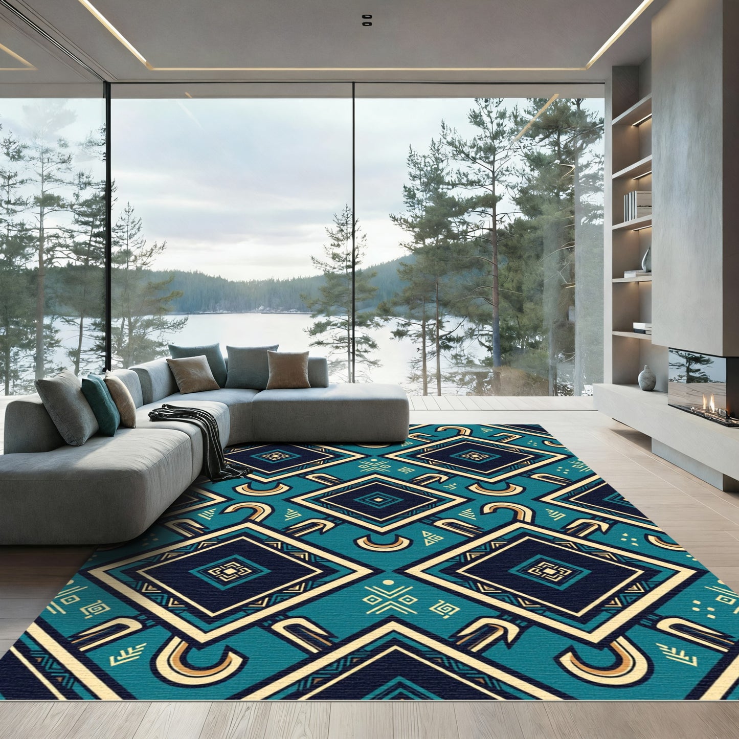 Geometric Teal And Gold Tribal Diamond Rug