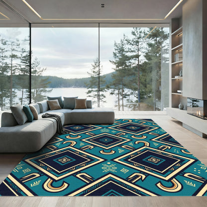 Geometric Teal And Gold Tribal Diamond Rug