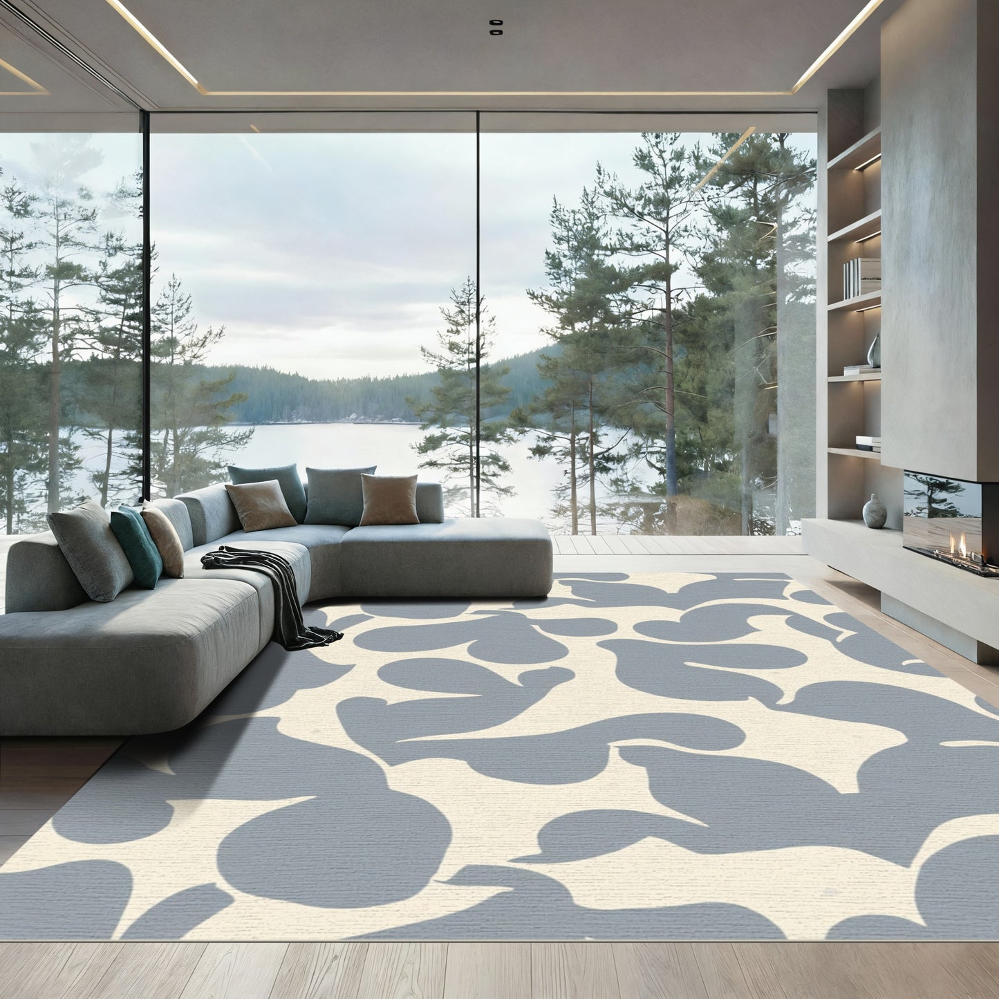 Muted Blue Abstract Organic Shapes Rug