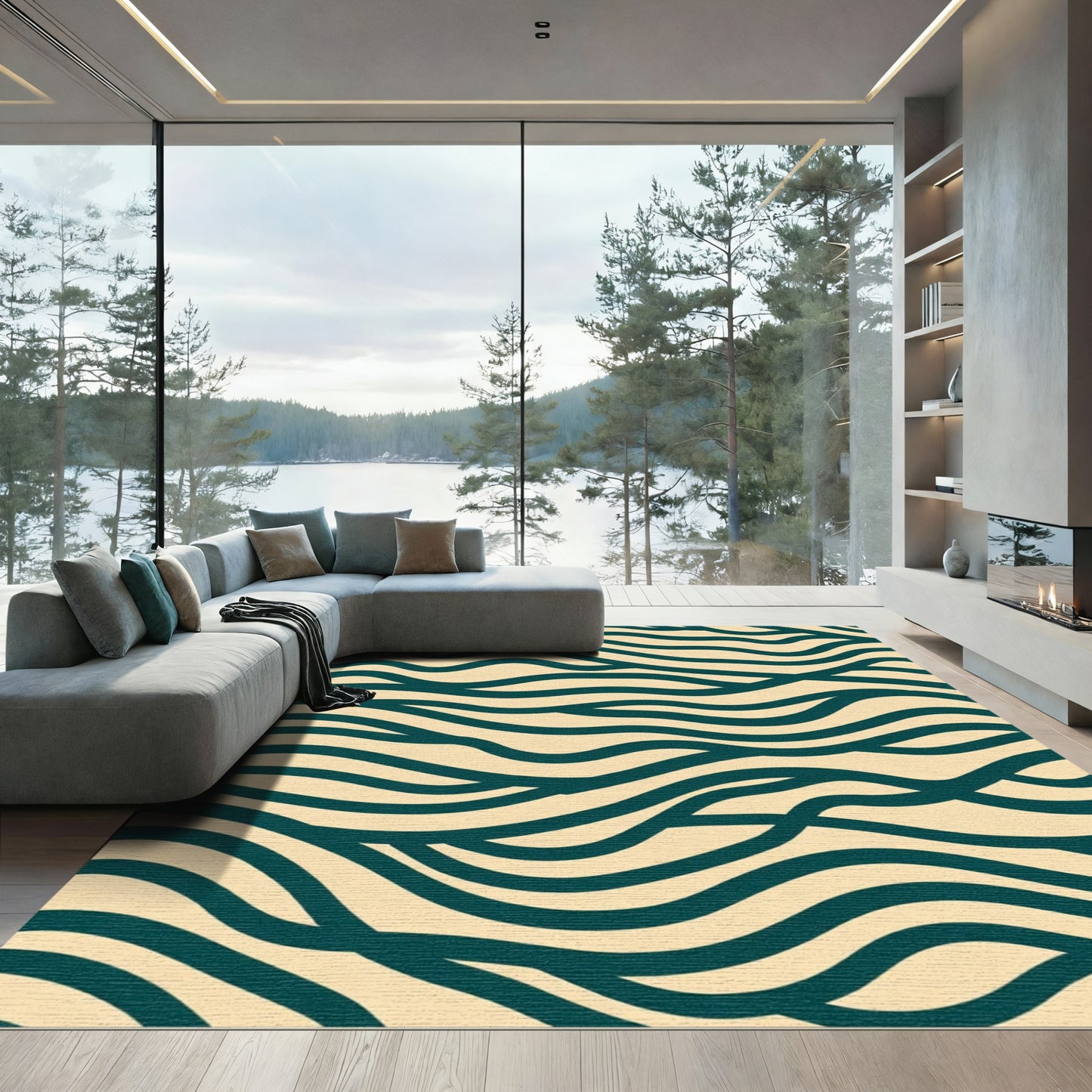 Teal Wave Pattern On Cream Background Rug