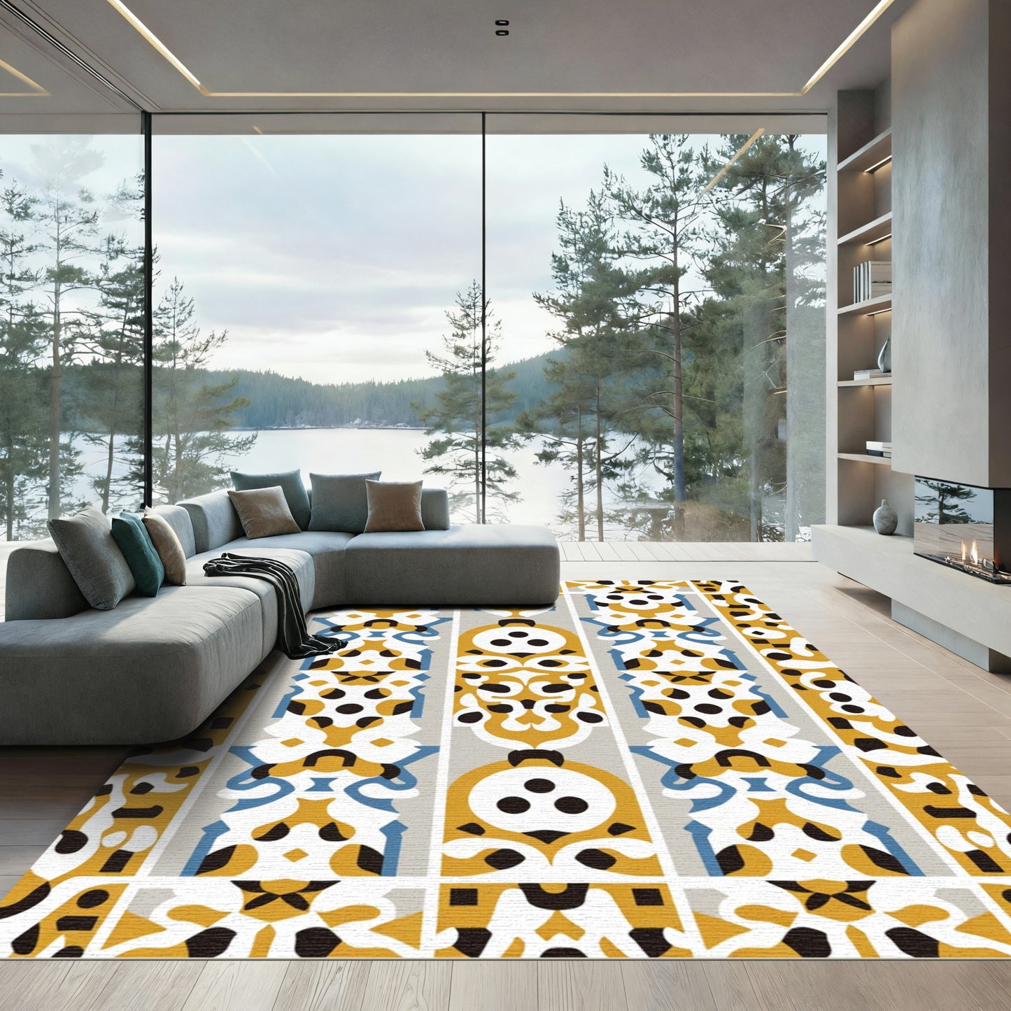 Geometric White Yellow Blue Columns Rug