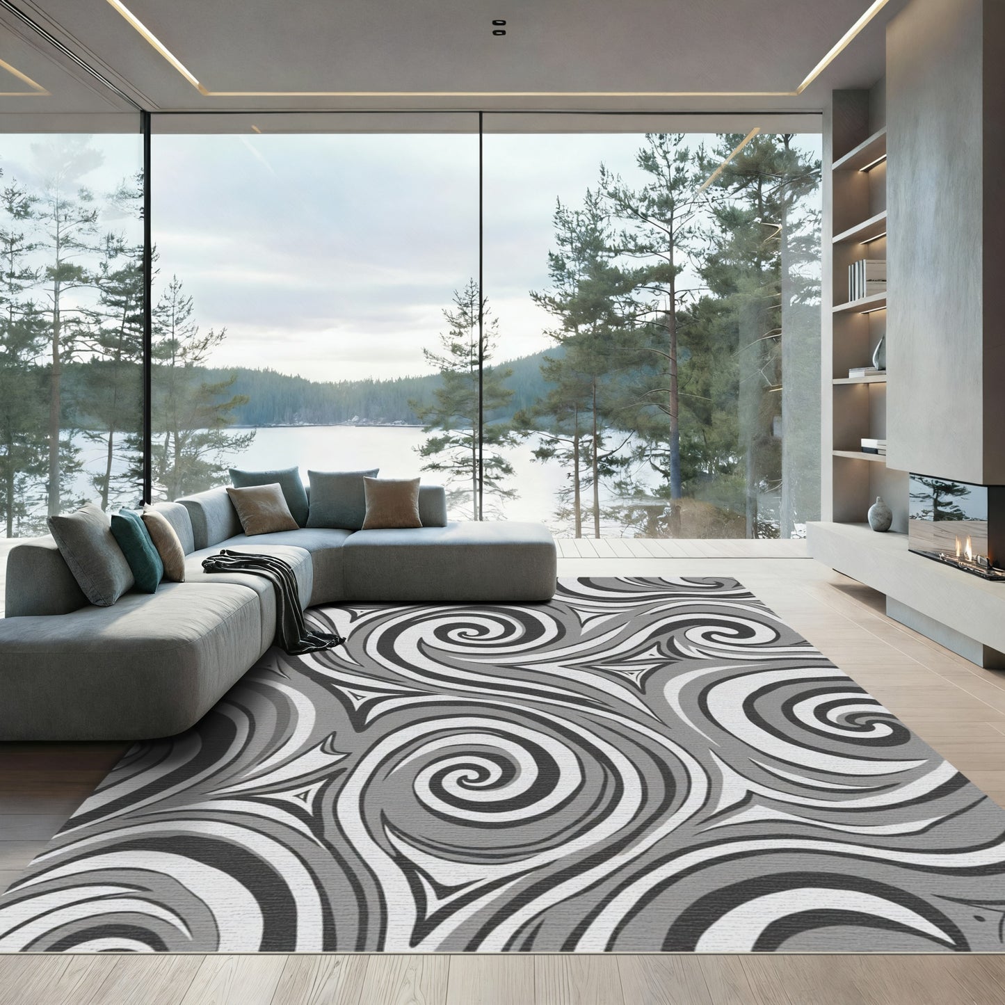 Monochrome Swirl Curves Abstract Rug