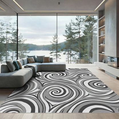 Monochrome Swirl Curves Abstract Rug