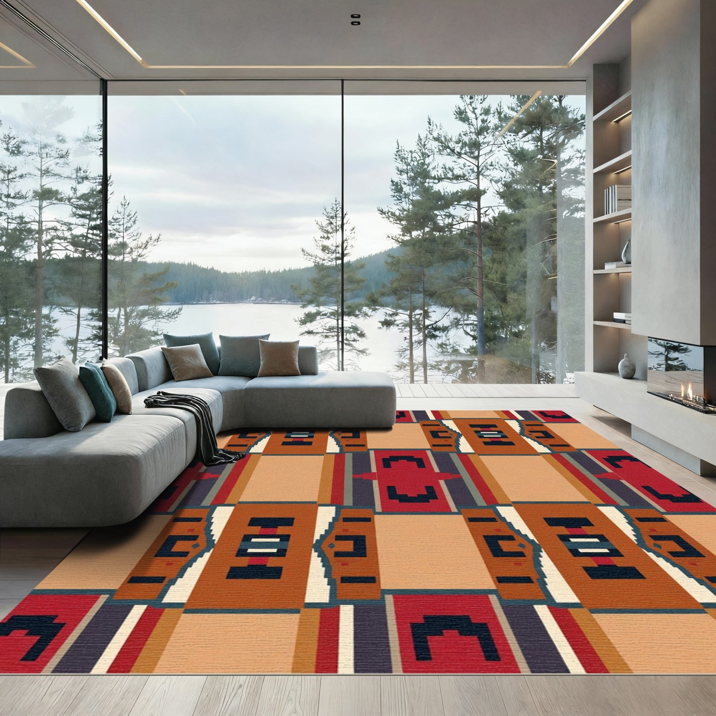 Terracotta Blue Brick Geometric Rug