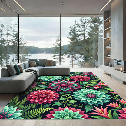 Vibrant Pink and Teal Botanical Dahlia Rug