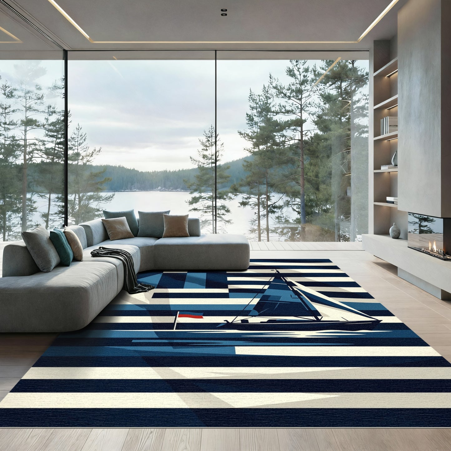 Nautical Blue Sailboat Stripes Rug