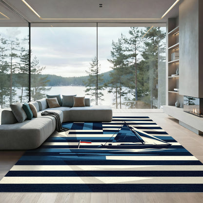 Nautical Blue Sailboat Stripes Rug