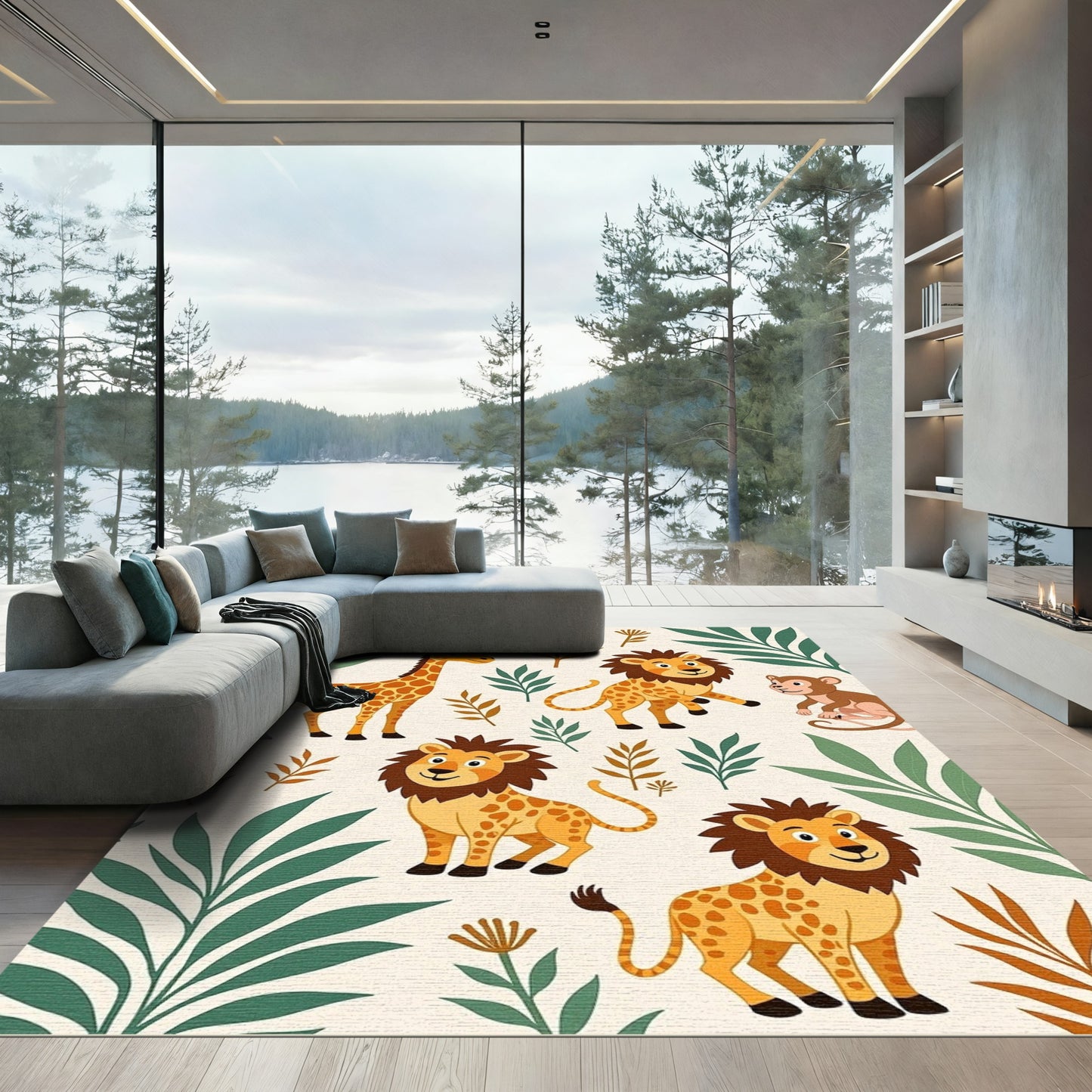 Playful Jungle Animals Safari Scene Rug