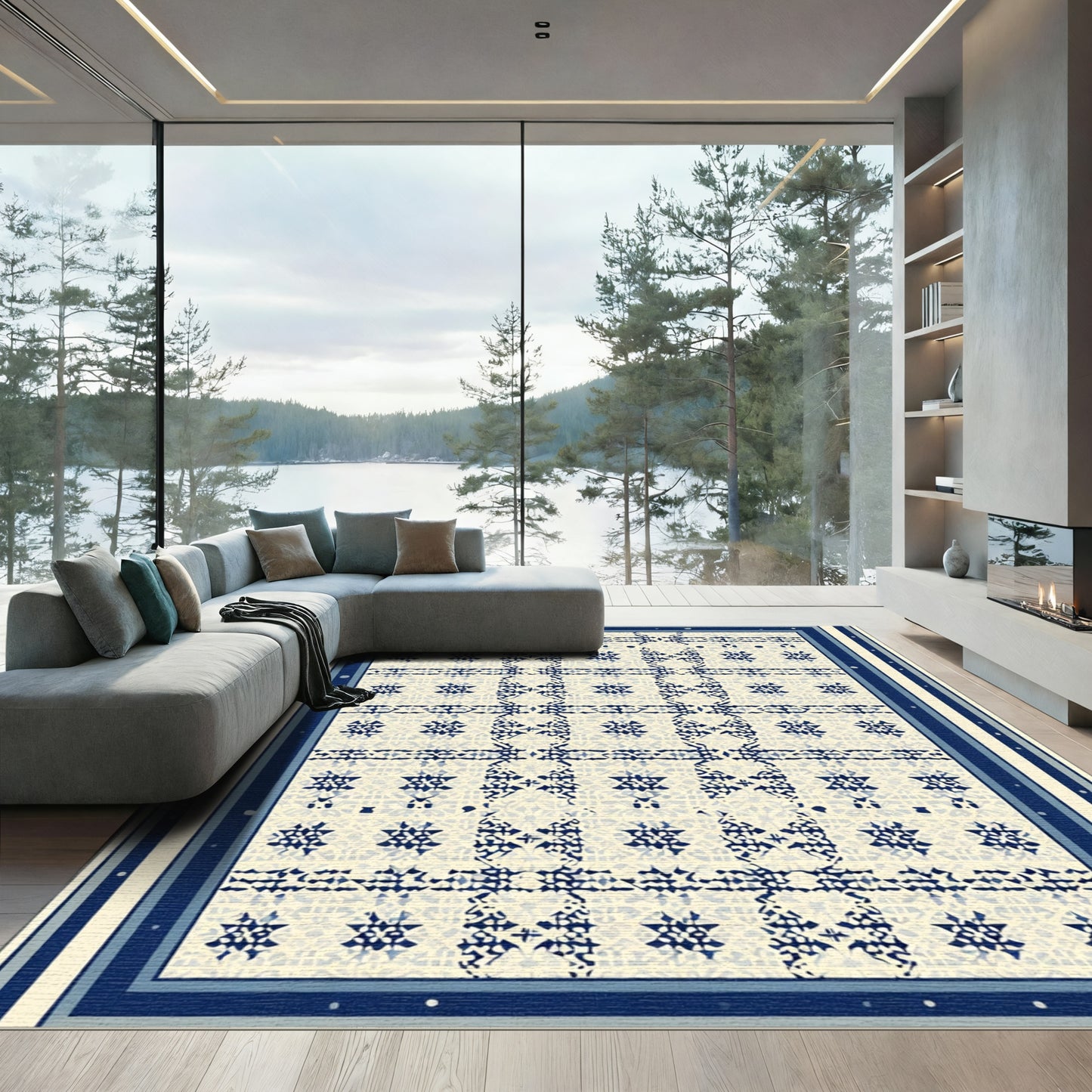 Muted Blue Geometric Grid Star Rug