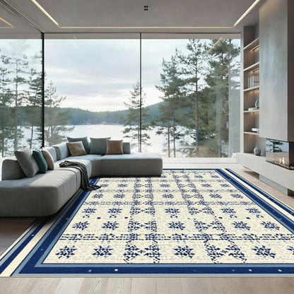 Muted Blue Geometric Grid Star Rug