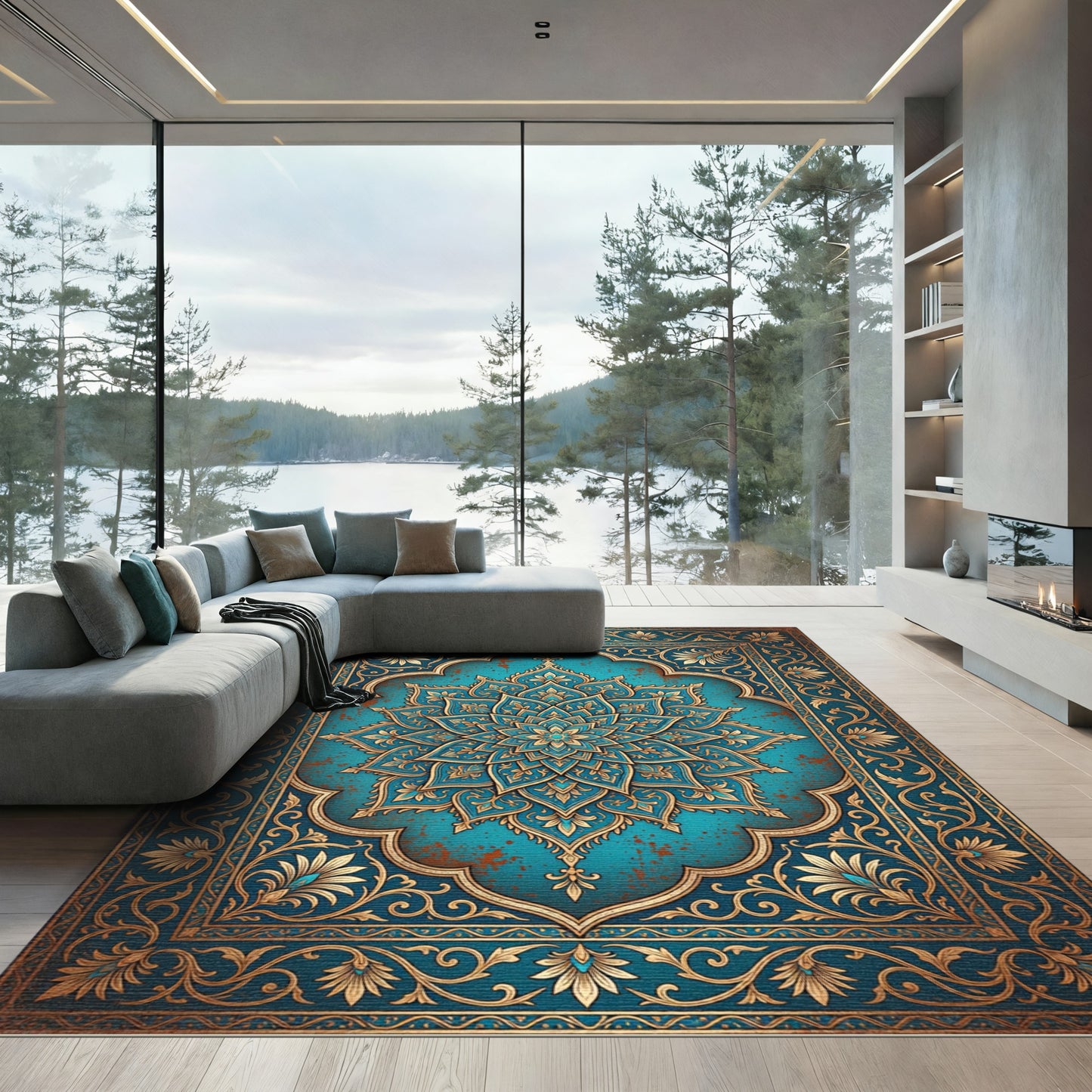 Ornate Teal Gold Mandala Floral Rug
