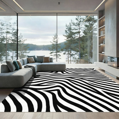 Striking Black White Wavy Lines Rug