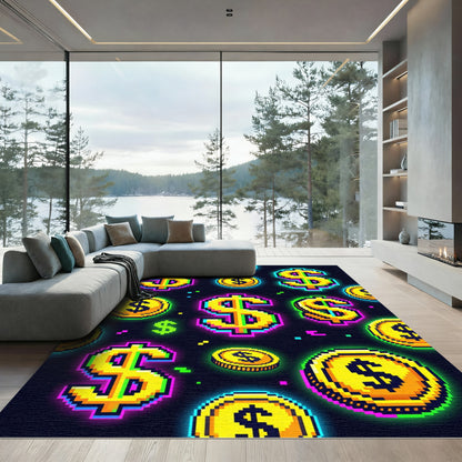 Neon Pixel Dollar Sign Arcade Art Rug