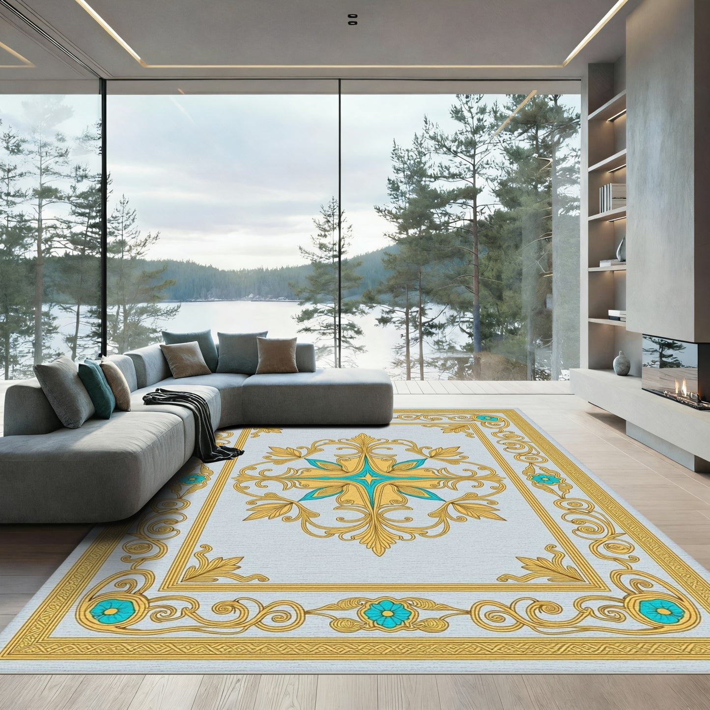 Golden Teal Floral Scrollwork Medallion Rug
