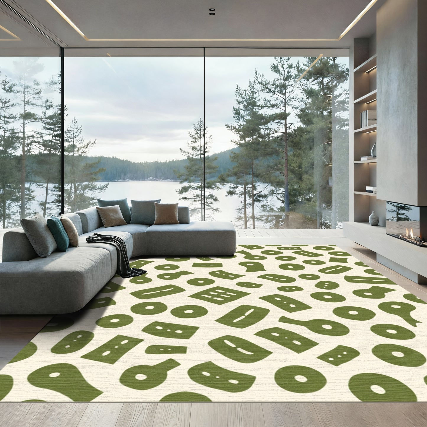 Olive Green Abstract Organic Shapes Rug