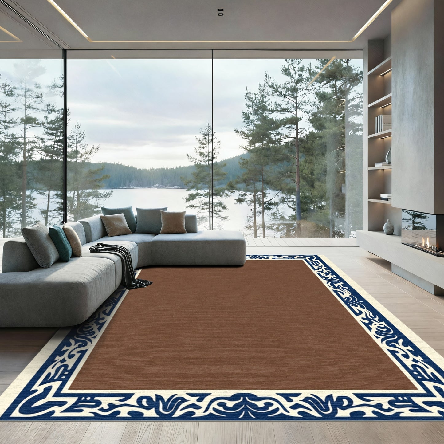 Deep Blue Ivory Organic Border Rug