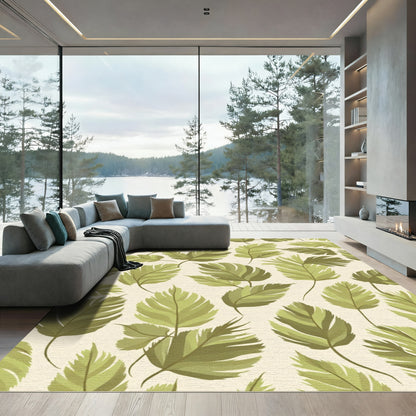 Earthy Green Fern Leaf Pattern Rug