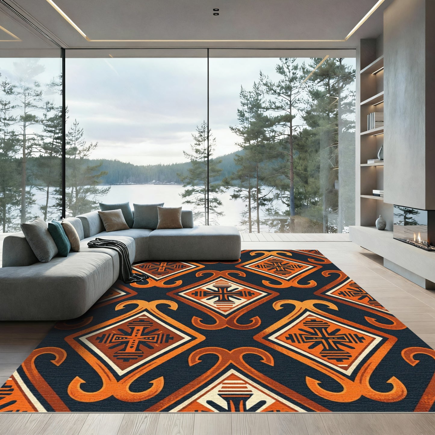 Burnt Orange Tribal Diamond Scroll Rug