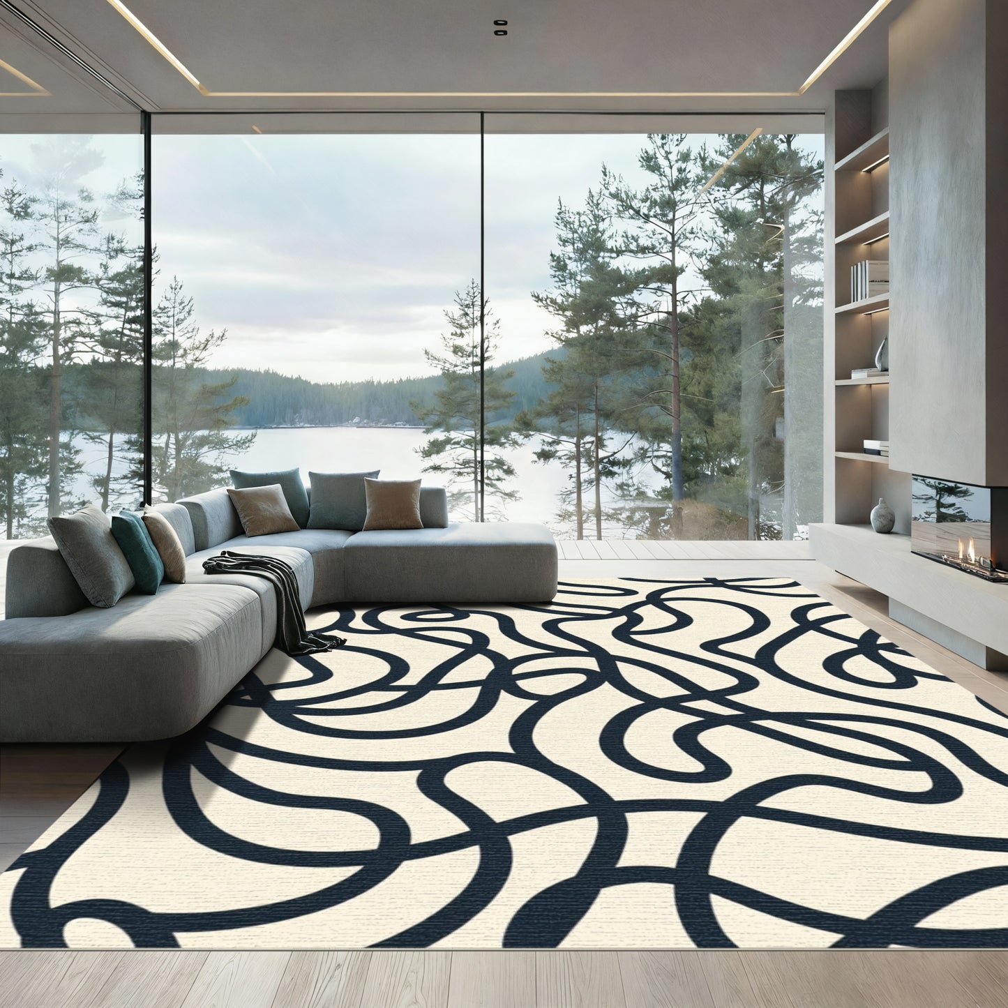 Cream Navy Swirling Abstract Lines Rug