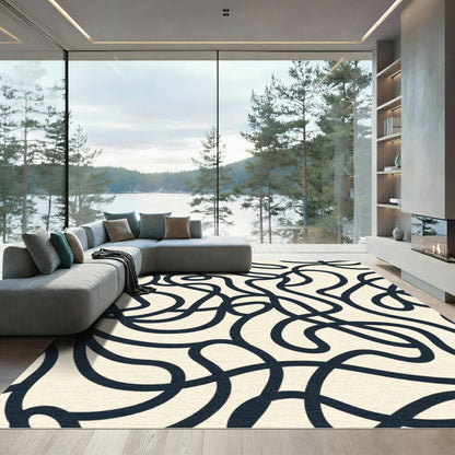 Cream Navy Swirling Abstract Lines Rug