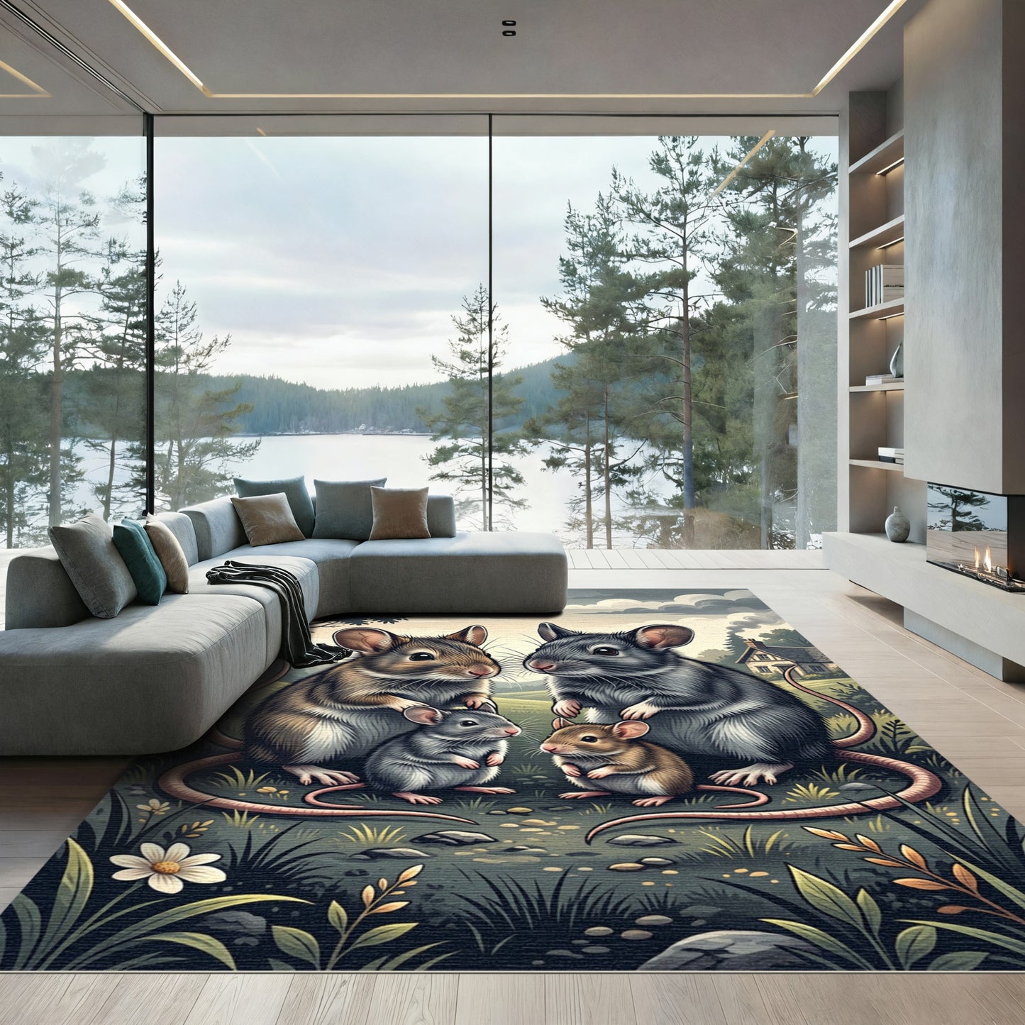 Whimsical Forest Mouse Family Illustration Rug